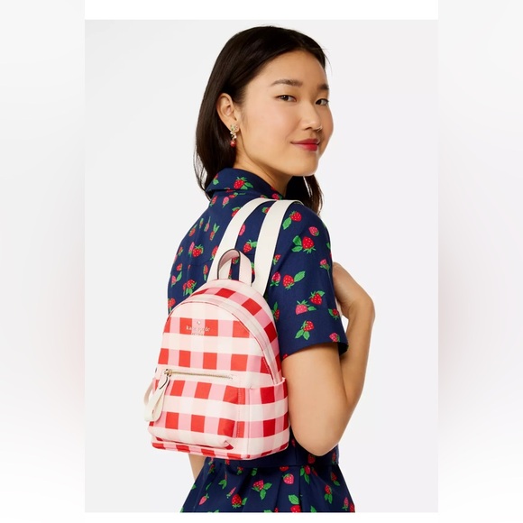 New Kate Spade Chelsea Gingham Mini Backpack Nylon Pink Multi - Picture 2 of 4